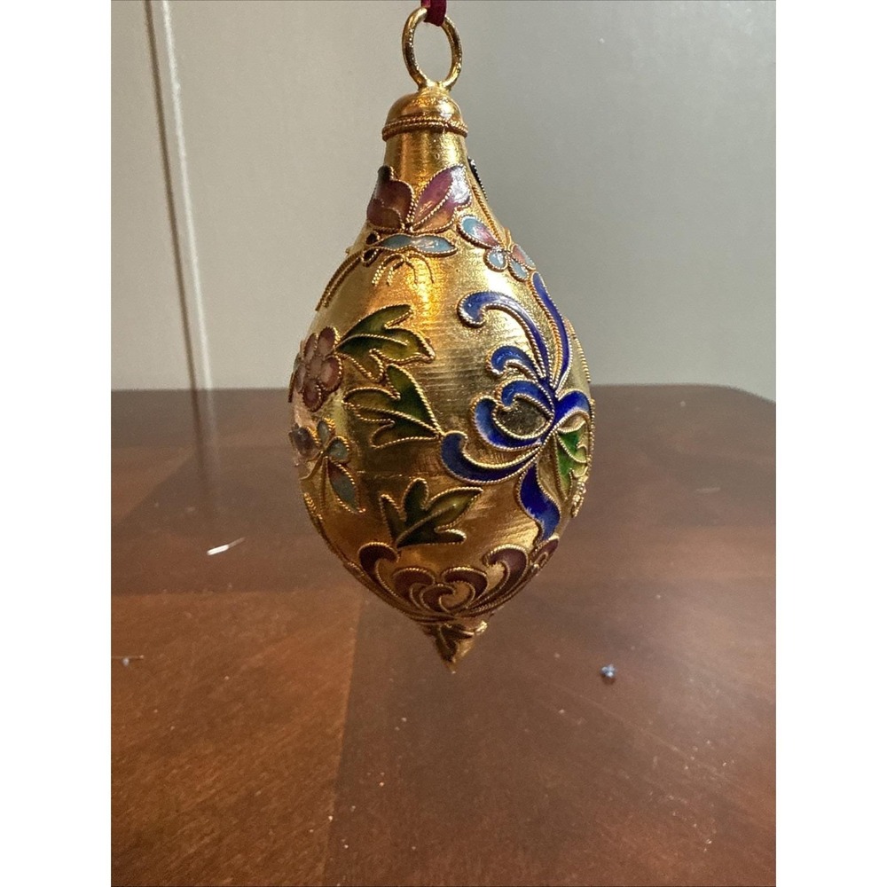Vtg Cloisonné Enameled 5" Christmas Teardrop Ornament Gold Floral Butterfly